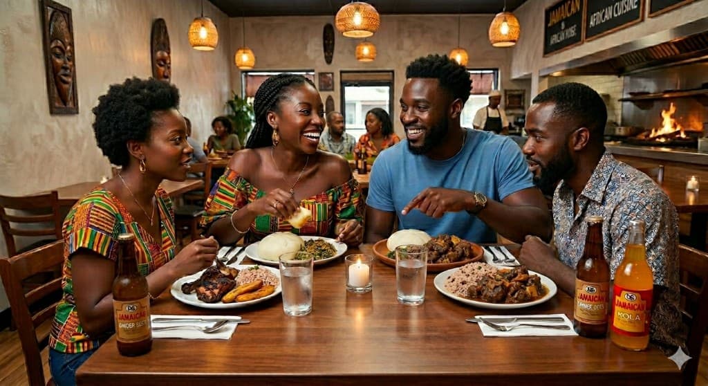 Four guests sharing a meal in a warm Jamaican and African themed dining room—jerk chicken, rice and peas, plantains, stews, and island sodas on the table—the kind of night out AfriTable helps people discover and reserve.